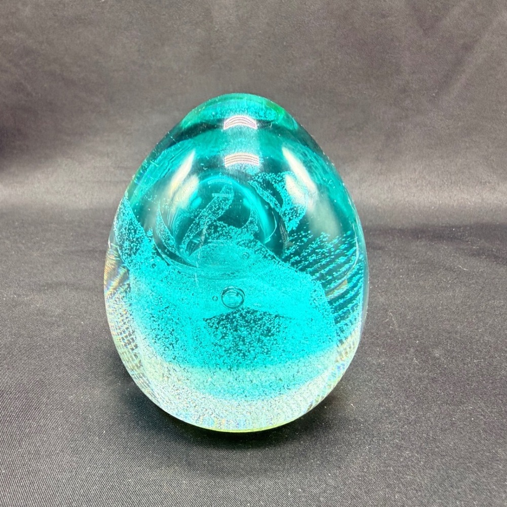 Caithness Scotland Art Glass Paperweight Egg Turquoise Teal Controlled Bubbles